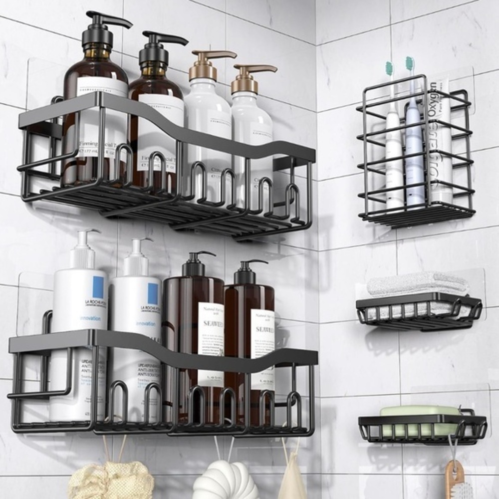 5 Piece Black Metal Wall-Mounted Bathroom/ Kitchen Shelf